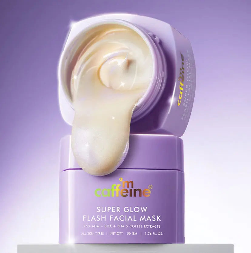 mCaffeine Super Glow Flash Facial Mask 50 gm - two stacked purple jars with the mask dripping from the open one