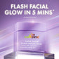 mCaffeine Super Glow Flash Facial Mask 50 gm - purple jar on a glass plinth under a five-minute flash facial banner