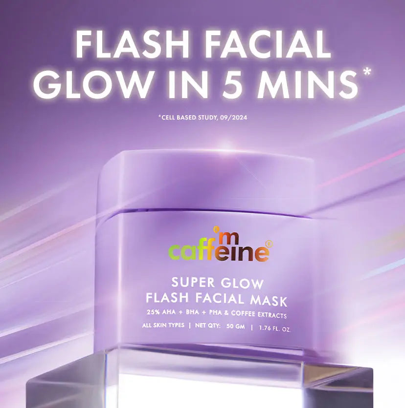 mCaffeine Super Glow Flash Facial Mask 50 gm - purple jar on a glass plinth under a five-minute flash facial banner