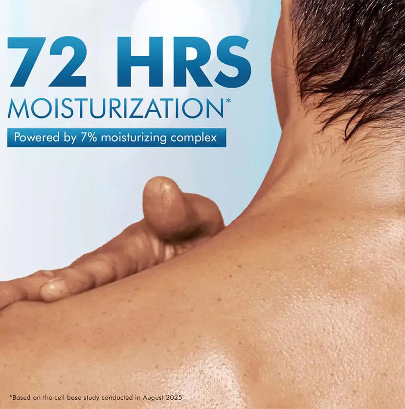 mCaffeine By the Blues Perfume Body Lotion 300 ml - 72-hour moisturisation panel with the 7% moisturising complex over a shoulder shot