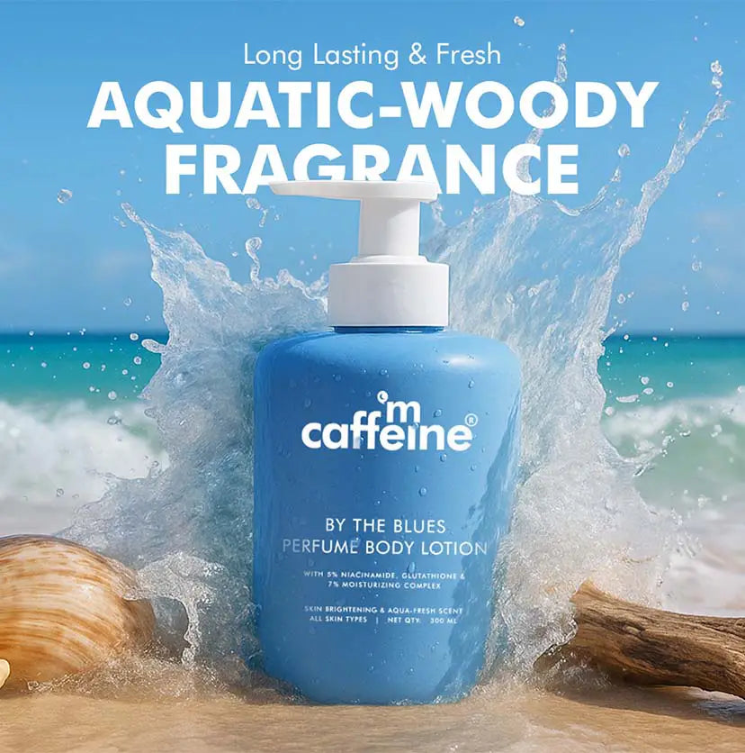 mCaffeine By the Blues Perfume Body Lotion 300 ml - aquatic woody fragrance visual with the bottle in a breaking wave