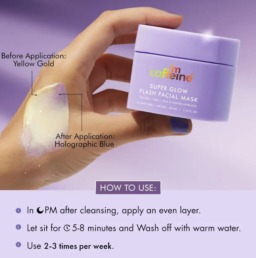 mCaffeine Super Glow Flash Facial Mask 50 gm - hand holding the jar with before and after application swatches and usage steps