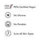 mCaffeine Super Glow Flash Facial Mask 50 gm - certification badges: PETA vegan, silicone free, paraben free, all skin types