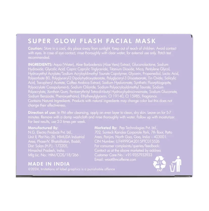 mCaffeine Super Glow Flash Facial Mask 50 gm - back of carton with the full ingredient list and directions of use