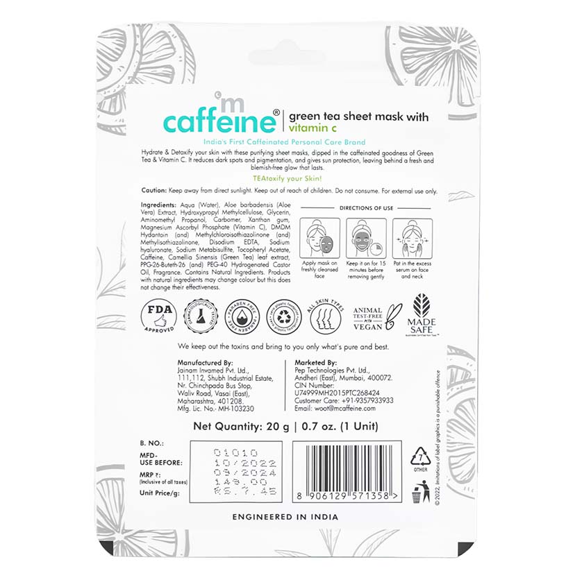 Green Tea Sheet Masks - Vitamin C, Niacinamide & Fruit AHA Mix - Pack of 3