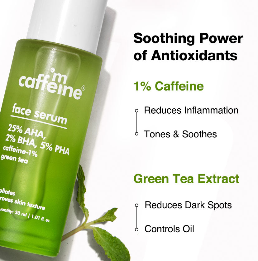 Green Tea & 25% AHA, 2% BHA, 5% PHA Face Serum - Gentle Peel for Improved Skin Texture - 30 ml