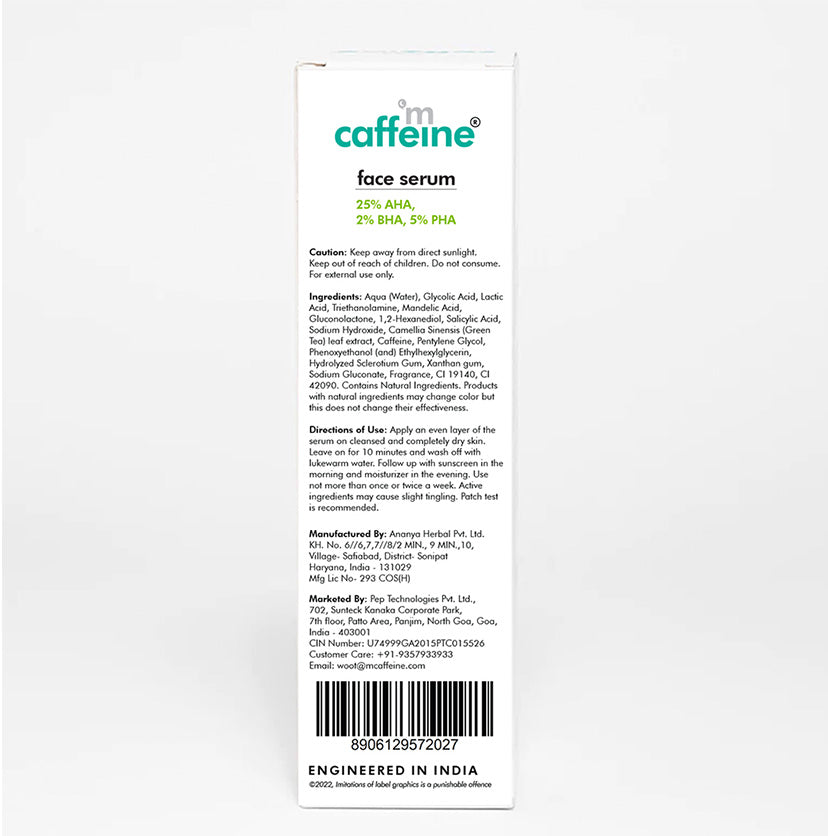 Green Tea & 25% AHA, 2% BHA, 5% PHA Face Serum - Gentle Peel for Improved Skin Texture - 30 ml